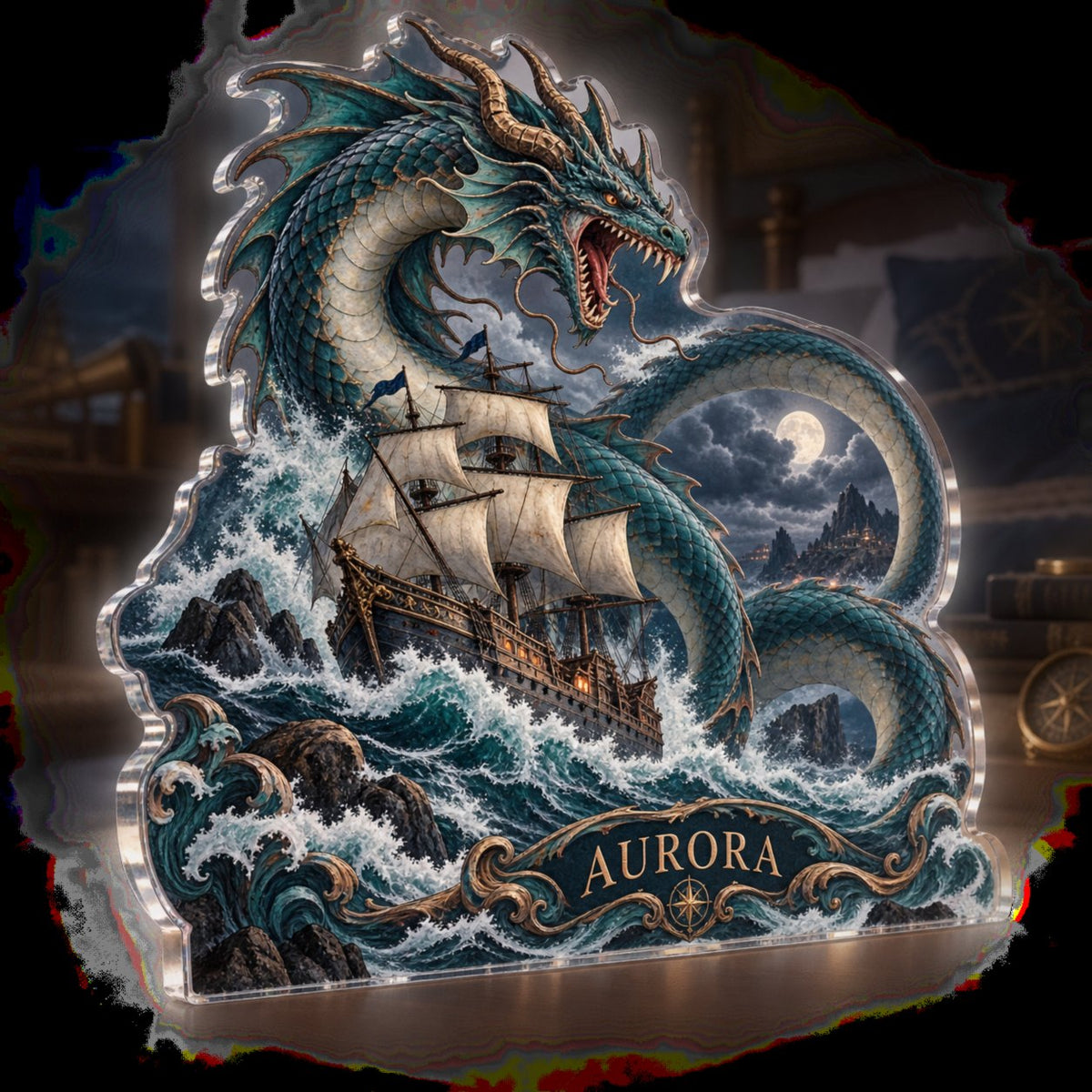 Personalized Sea Serpent Voyage Bedroom Statement Decor custom shape acrylic plaque with an example name set into the artwork, digital preview