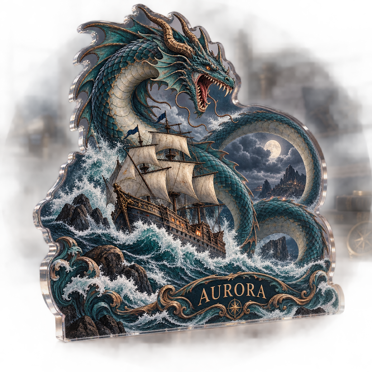 Artwork visualization: Sea serpent voyage — bedroom statement decor, personalized AURORA, subject-shaped acrylic with printed optical 3D depth; not carved relief.