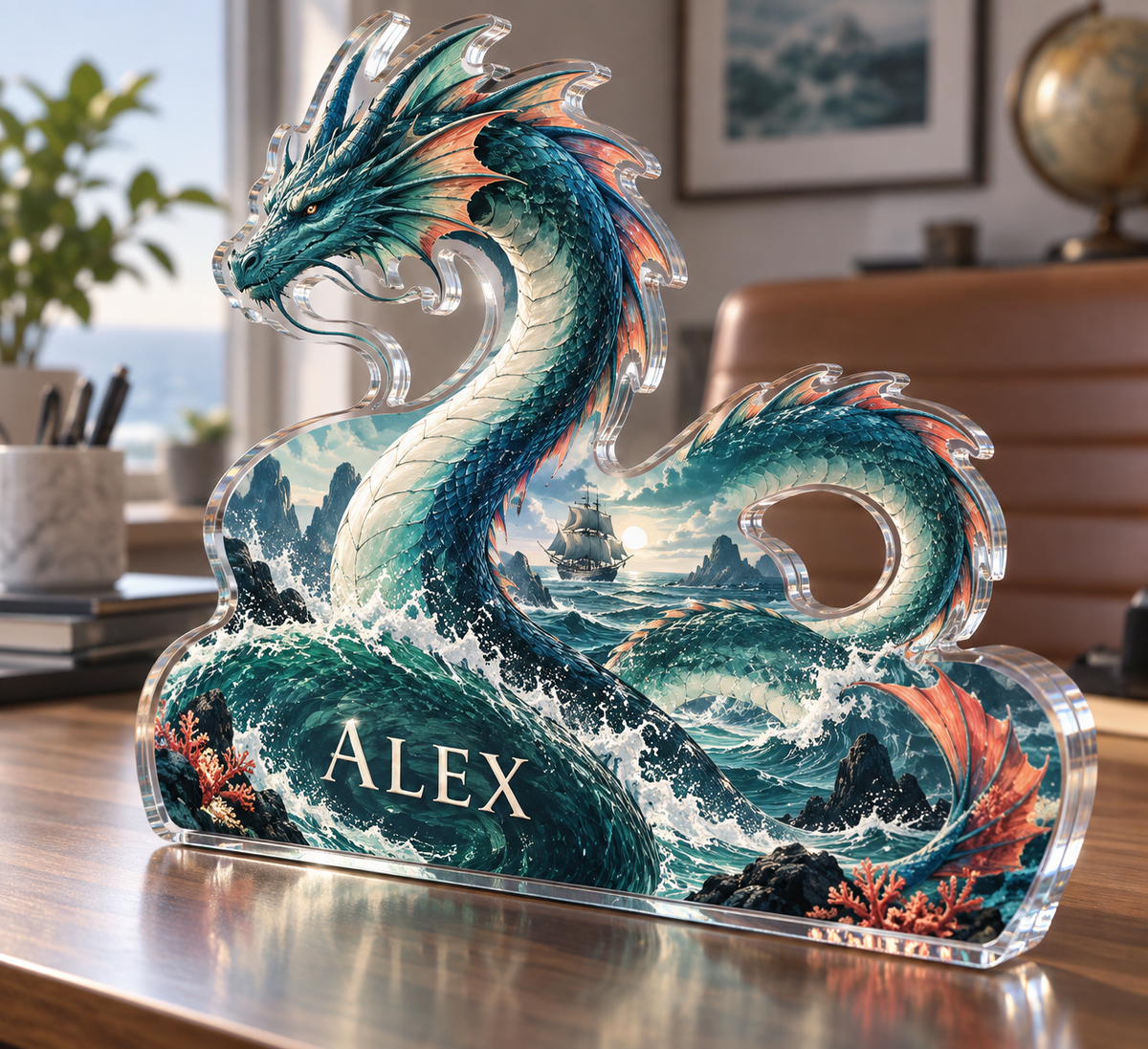 Artwork visualization: Sea serpent voyage — home office backdrop, personalized ALEX, subject-shaped acrylic with printed optical 3D depth; not carved relief.