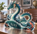 Artwork visualization: Sea serpent voyage — home office backdrop, personalized ALEX, subject-shaped acrylic with printed optical 3D depth; not carved relief.