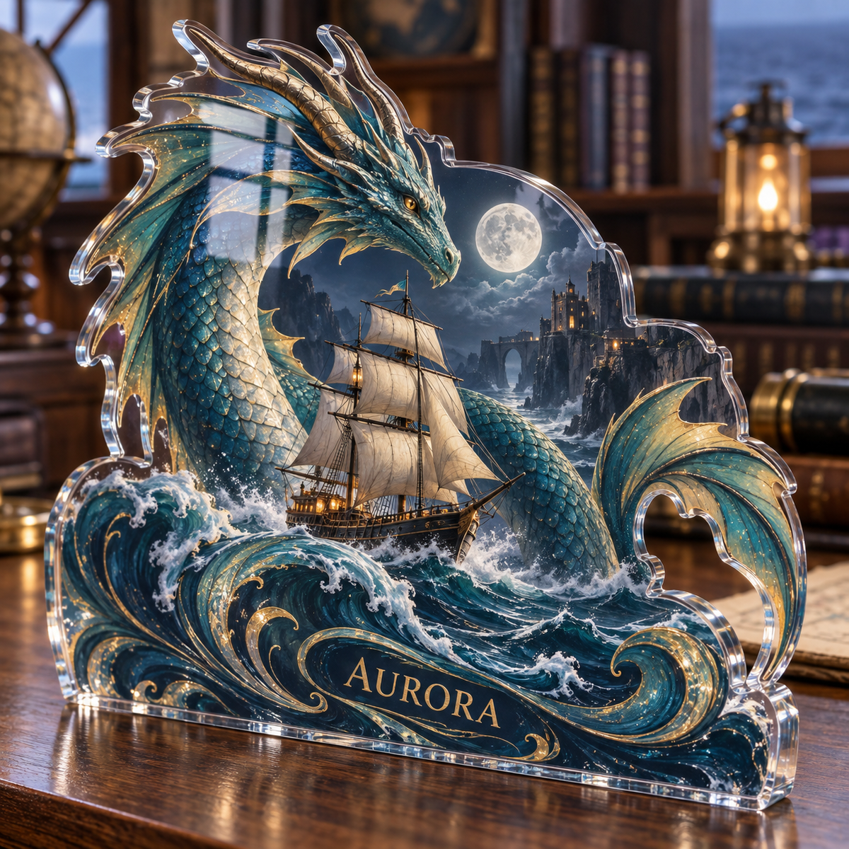 Artwork visualization: Sea serpent voyage — personalized housewarming, personalized AURORA, subject-shaped acrylic with printed optical 3D depth; not carved relief.