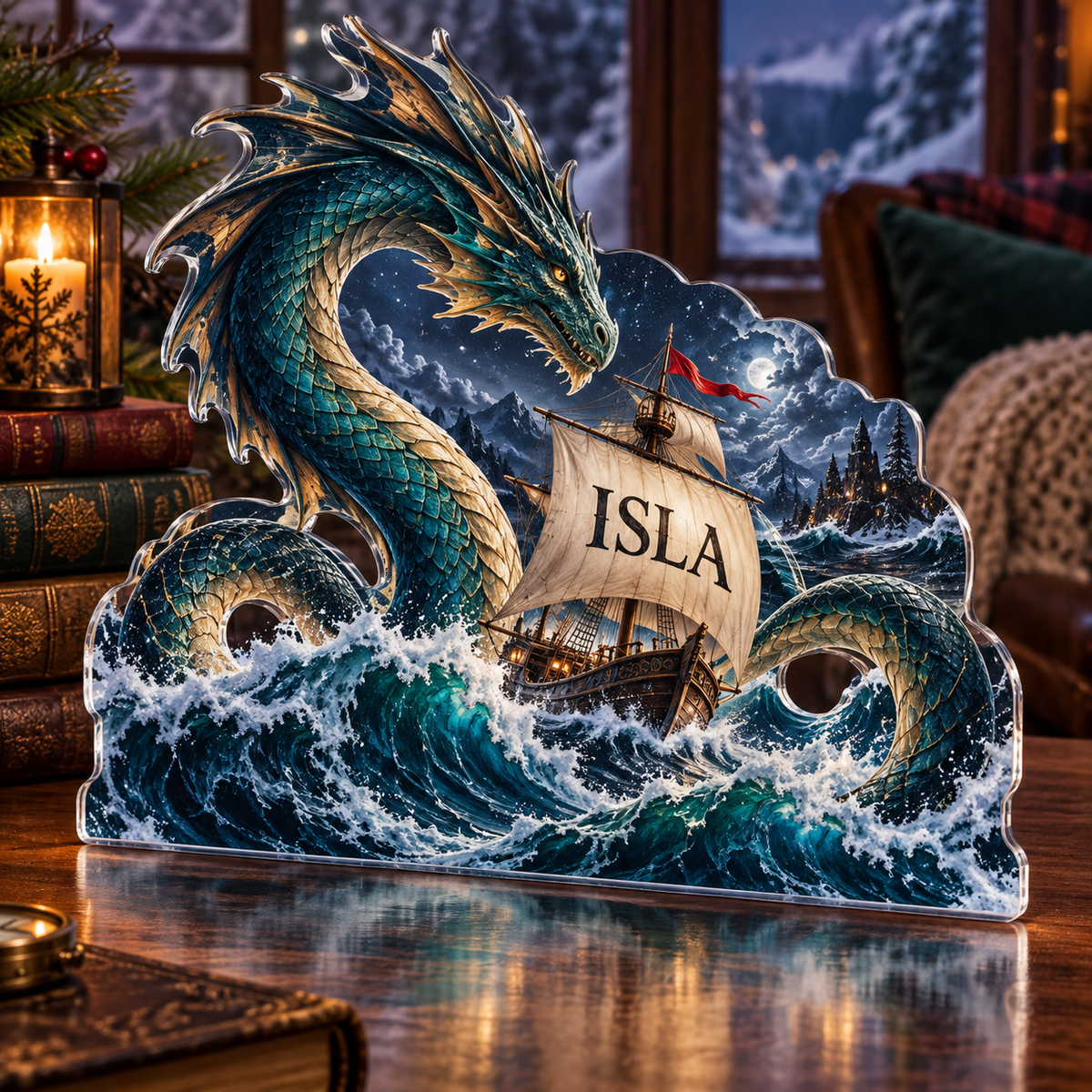 Artwork visualization: Sea serpent voyage — quiet corner decoration, personalized ISLA, subject-shaped acrylic with printed optical 3D depth; not carved relief.