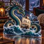 Artwork visualization: Sea serpent voyage — quiet corner decoration, personalized ISLA, subject-shaped acrylic with printed optical 3D depth; not carved relief.