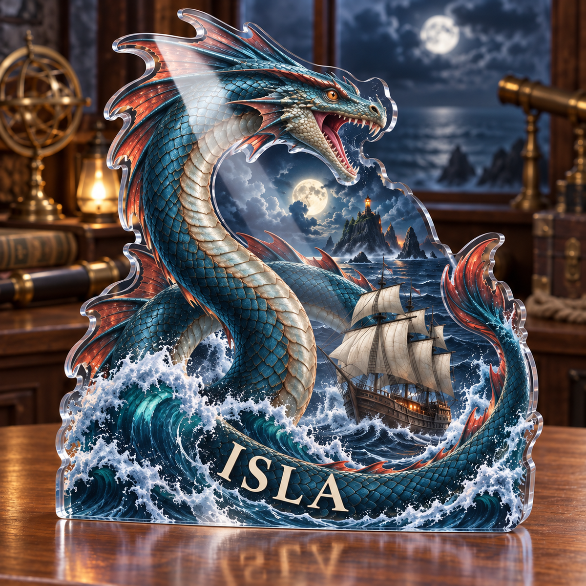 Artwork visualization: Sea serpent voyage — collector birthday keepsake, personalized ISLA, subject-shaped acrylic with printed optical 3D depth; not carved relief.