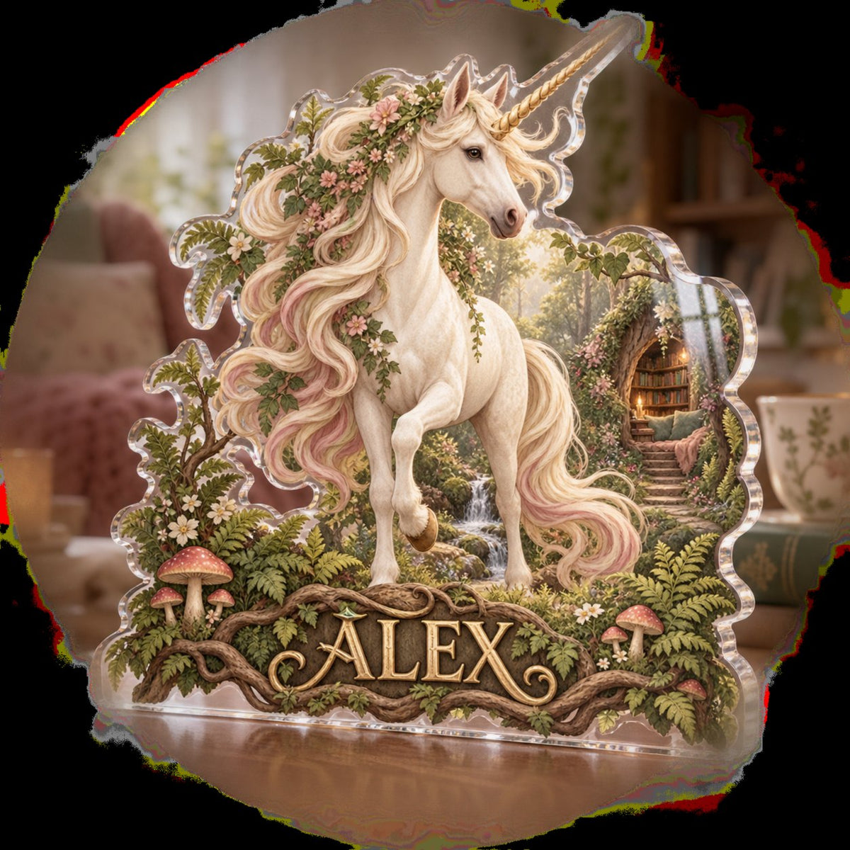 Personalized Unicorn Woodland Reading Nook Decor custom shape acrylic plaque with an example name set into the artwork, digital preview