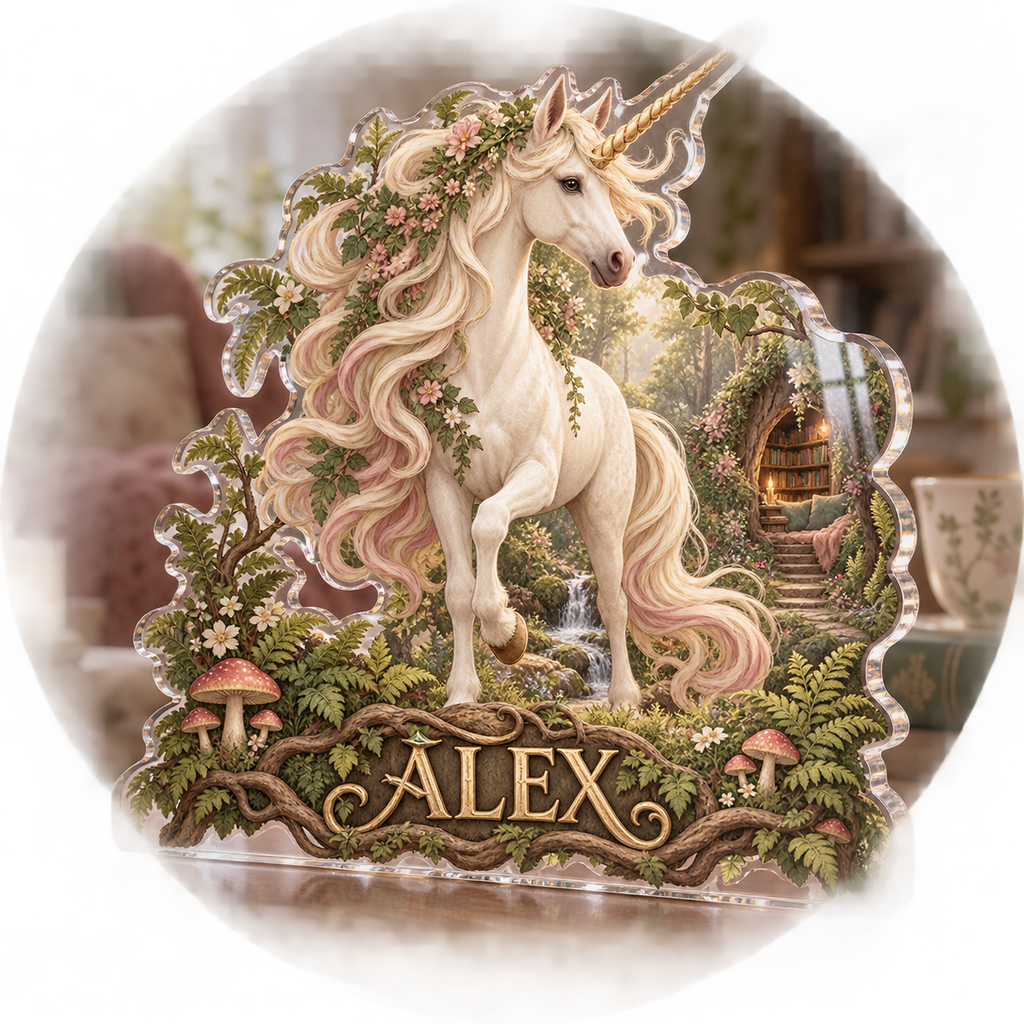 Artwork visualization: Unicorn woodland — reading nook decor, personalized ALEX, subject-shaped acrylic with printed optical 3D depth; not carved relief.