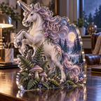 Artwork visualization: Unicorn woodland — home office backdrop, personalized LILY, subject-shaped acrylic with printed optical 3D depth; not carved relief.