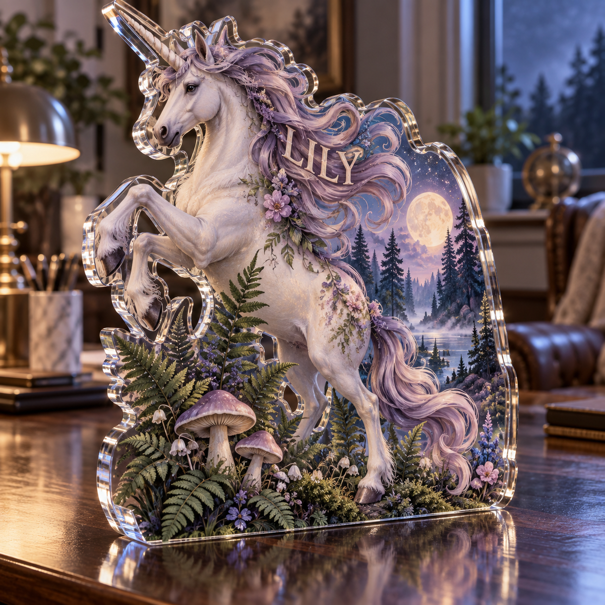 Artwork visualization: Unicorn woodland — home office backdrop, personalized LILY, subject-shaped acrylic with printed optical 3D depth; not carved relief.