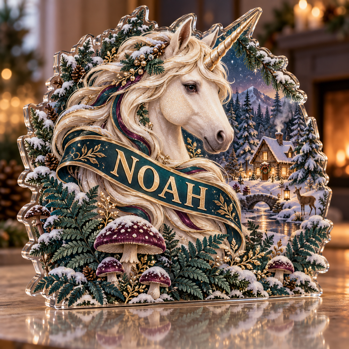 Artwork visualization: Unicorn woodland — personalized housewarming, personalized NOAH, subject-shaped acrylic with printed optical 3D depth; not carved relief.