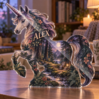 Artwork visualization: Unicorn woodland — quiet corner decoration, personalized ALEX, subject-shaped acrylic with printed optical 3D depth; not carved relief.