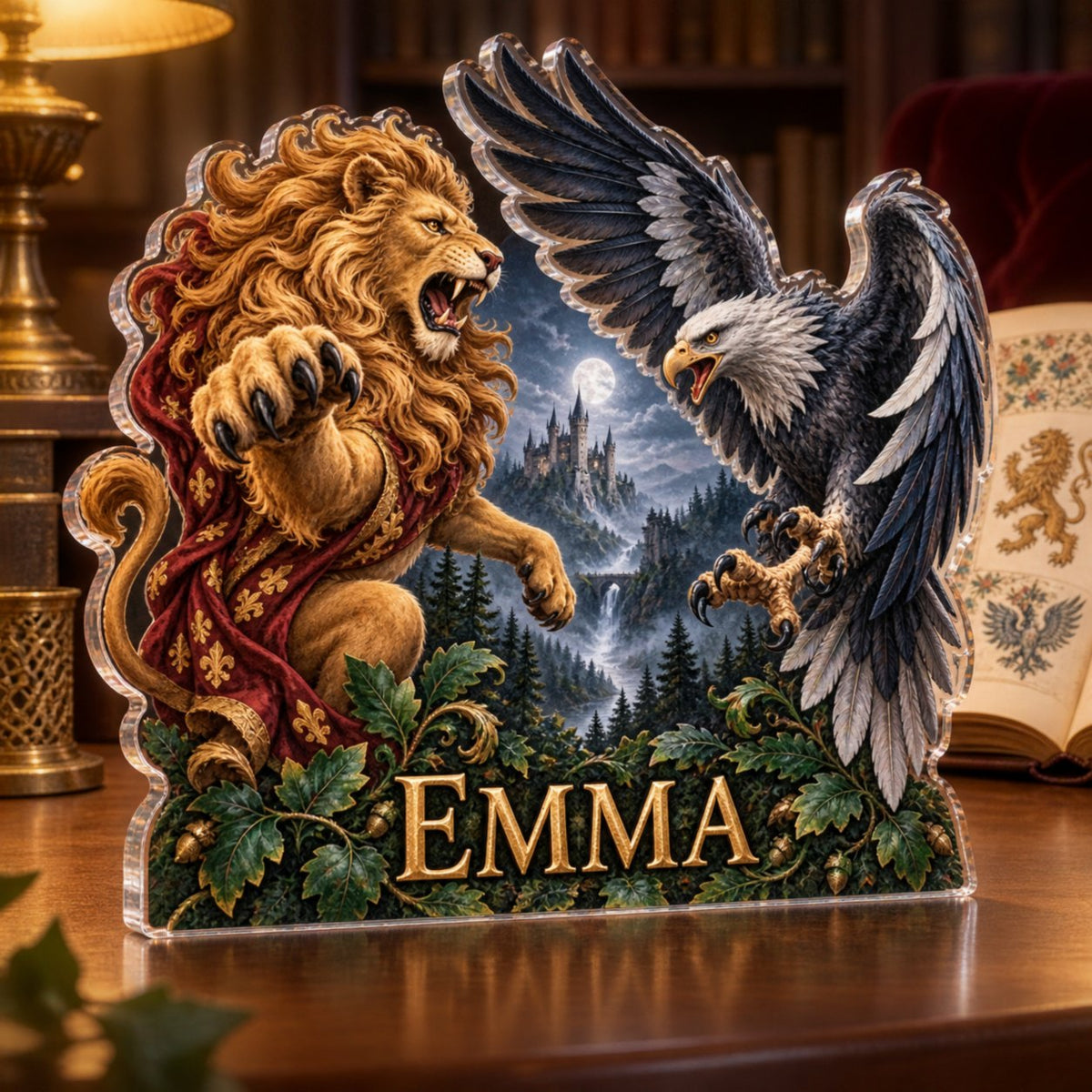 Personalized Medieval Heraldic Animals Reading Nook Decor custom shape acrylic plaque with an example name set into the artwork, digital preview