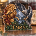 Artwork visualization: Medieval heraldic lion and eagle — reading nook decor, personalized EMMA, subject-shaped acrylic with dramatic printed optical 3D depth; not carved relief.