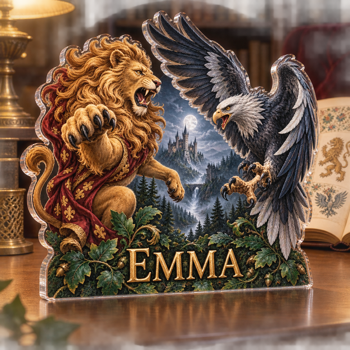 Artwork visualization: Medieval heraldic lion and eagle — reading nook decor, personalized EMMA, subject-shaped acrylic with dramatic printed optical 3D depth; not carved relief.