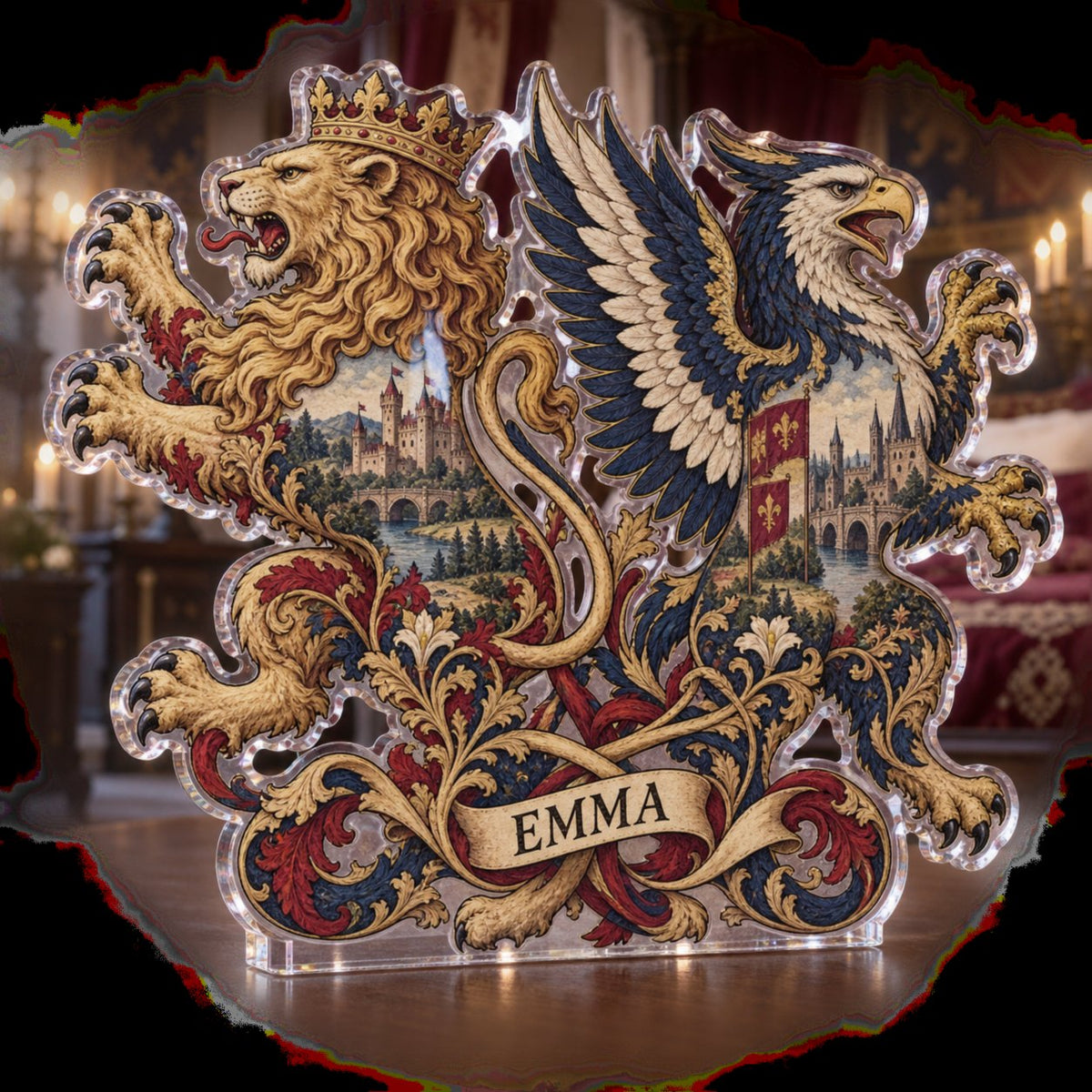 Personalized Medieval Heraldic Animals Bedroom Statement Decor custom shape acrylic plaque with an example name set into the artwork, digital preview