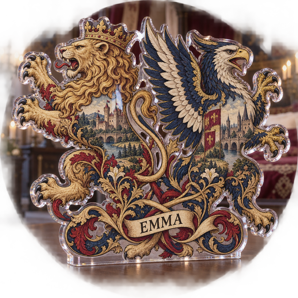 Artwork visualization: Medieval heraldic animals — bedroom statement decor, personalized EMMA, subject-shaped acrylic with printed optical 3D depth; not carved relief.