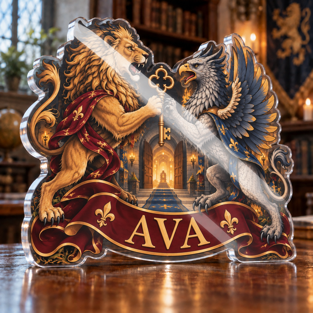 Artwork visualization: Medieval heraldic animals — personalized housewarming, personalized AVA, subject-shaped acrylic with printed optical 3D depth; not carved relief.