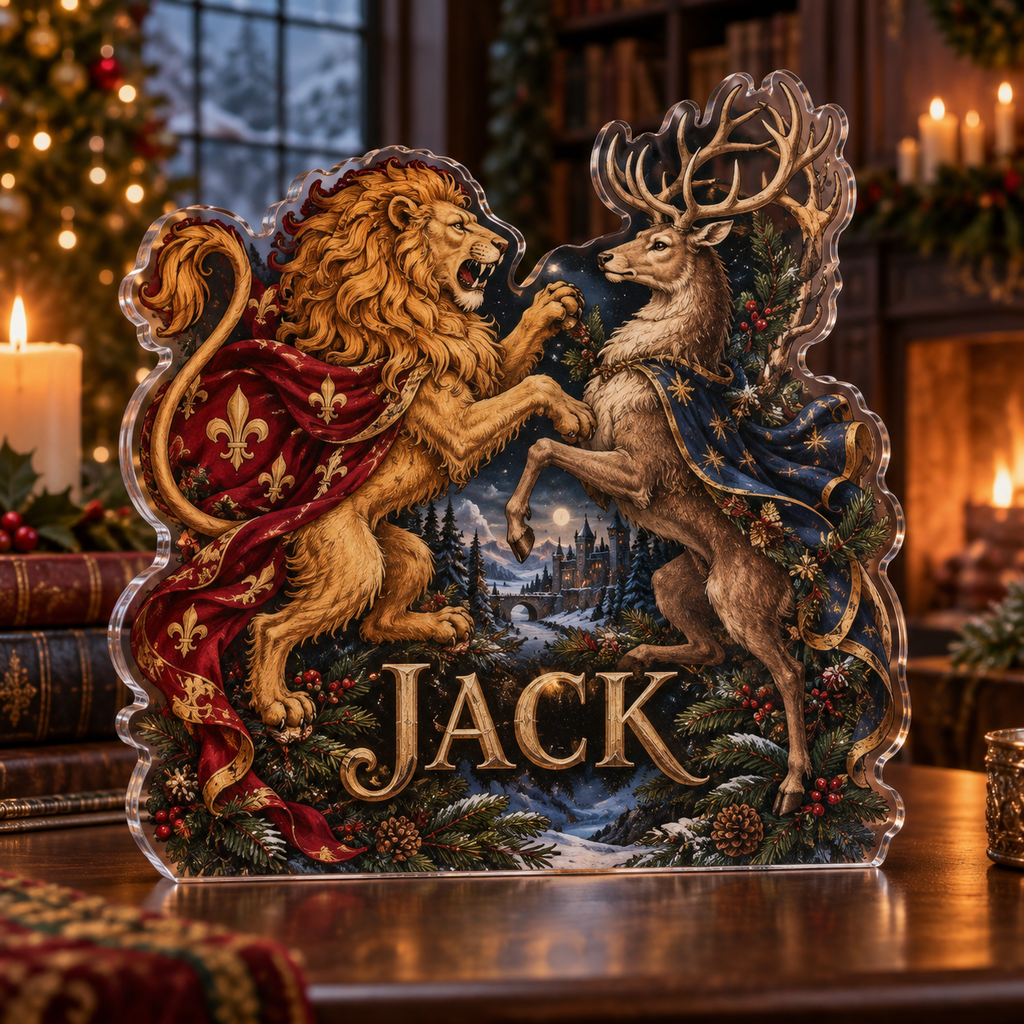 Artwork visualization: Medieval heraldic animals — quiet corner decoration, personalized JACK, subject-shaped acrylic with printed optical 3D depth; not carved relief.