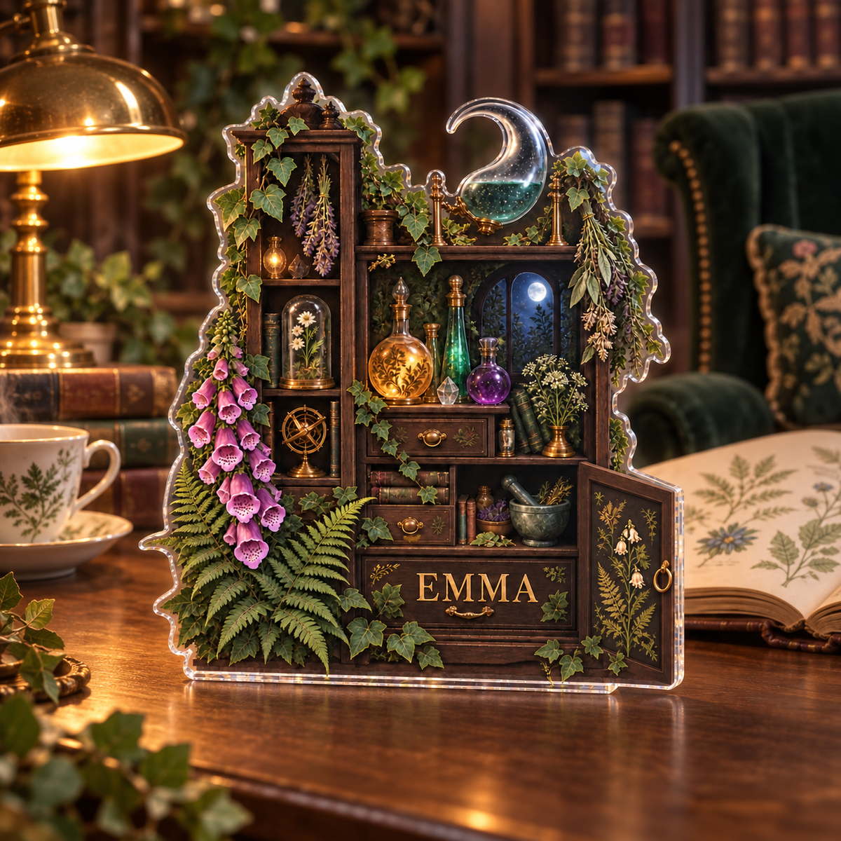 Artwork visualization: Alchemy botanical cabinet — reading nook decor, personalized EMMA, subject-shaped acrylic with printed optical 3D depth; not carved relief.