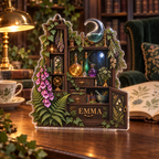 Artwork visualization: Alchemy botanical cabinet — reading nook decor, personalized EMMA, subject-shaped acrylic with printed optical 3D depth; not carved relief.