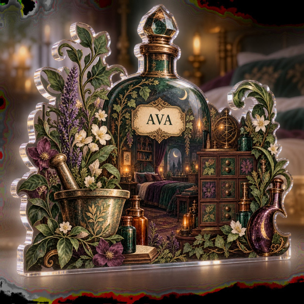 Personalized Alchemy Botanical Cabinet Bedroom Statement Decor custom shape acrylic plaque with an example name set into the artwork, digital preview