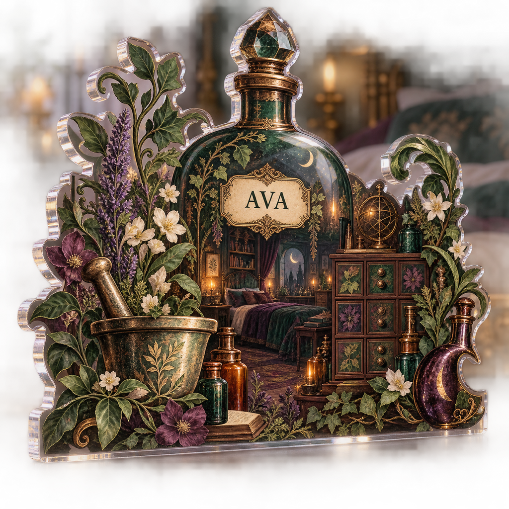 Artwork visualization: Alchemy botanical cabinet — bedroom statement decor, personalized AVA, subject-shaped acrylic with printed optical 3D depth; not carved relief.