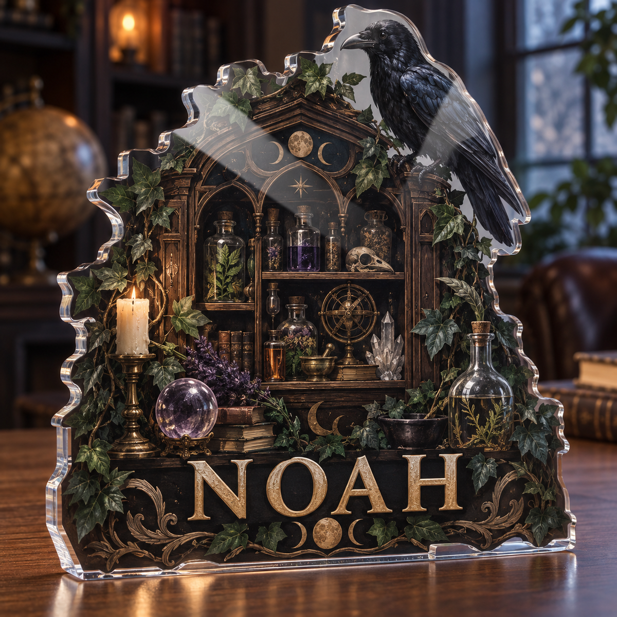 Artwork visualization: Alchemy botanical cabinet — personalized housewarming, personalized NOAH, subject-shaped acrylic with printed optical 3D depth; not carved relief.