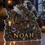 Artwork visualization: Alchemy botanical cabinet — personalized housewarming, personalized NOAH, subject-shaped acrylic with printed optical 3D depth; not carved relief.