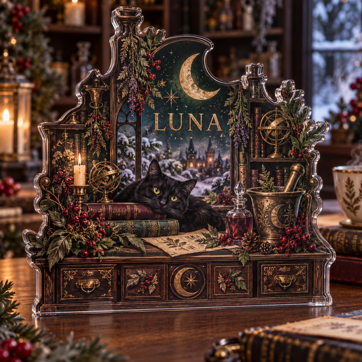 Artwork visualization: Alchemy botanical cabinet — quiet corner decoration, personalized LUNA, subject-shaped acrylic with printed optical 3D depth; not carved relief.