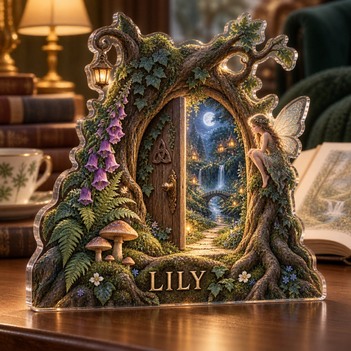 Personalized Fairy Doorway Reading Nook Decor custom shape acrylic plaque with an example name set into the artwork, digital preview
