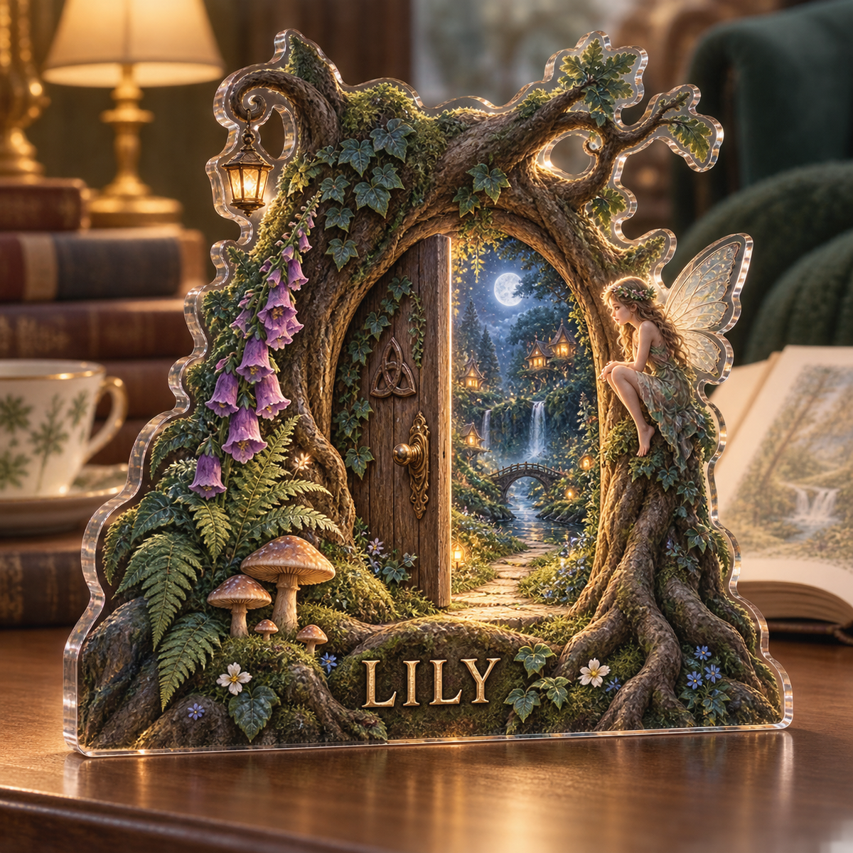 Artwork visualization: Fairy doorway — reading nook decor, personalized LILY, subject-shaped acrylic with printed optical 3D depth; not carved relief.