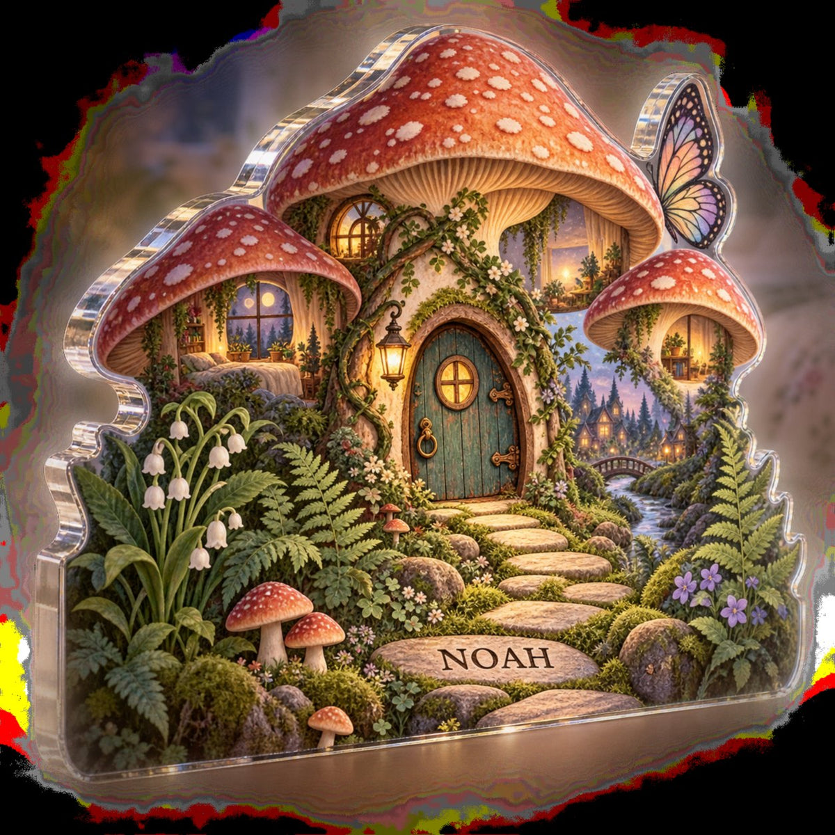 Personalized Fairy Doorway Bedroom Statement Decor custom shape acrylic plaque with an example name set into the artwork, digital preview