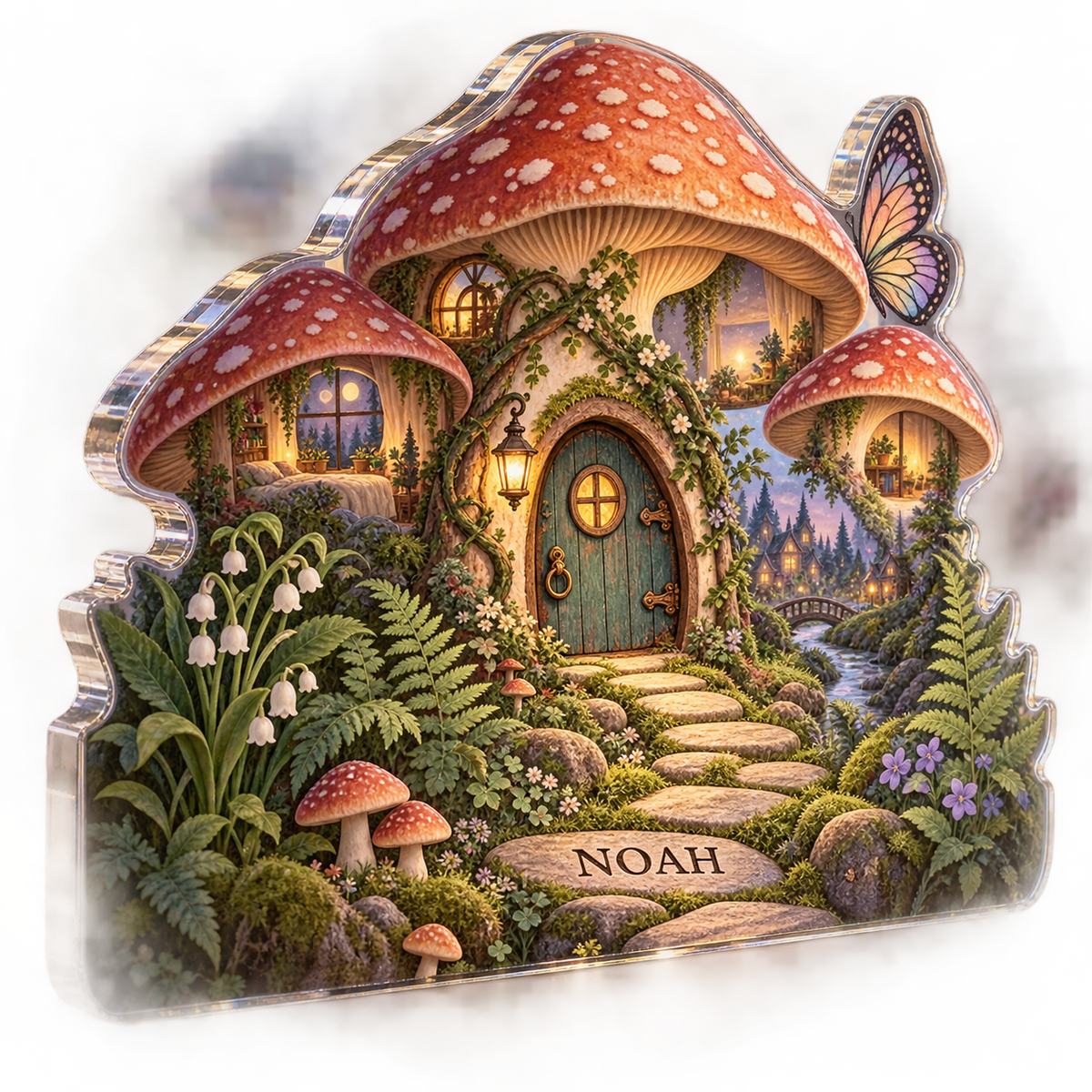 Artwork visualization: Fairy doorway — bedroom statement decor, personalized NOAH, subject-shaped acrylic with printed optical 3D depth; not carved relief.
