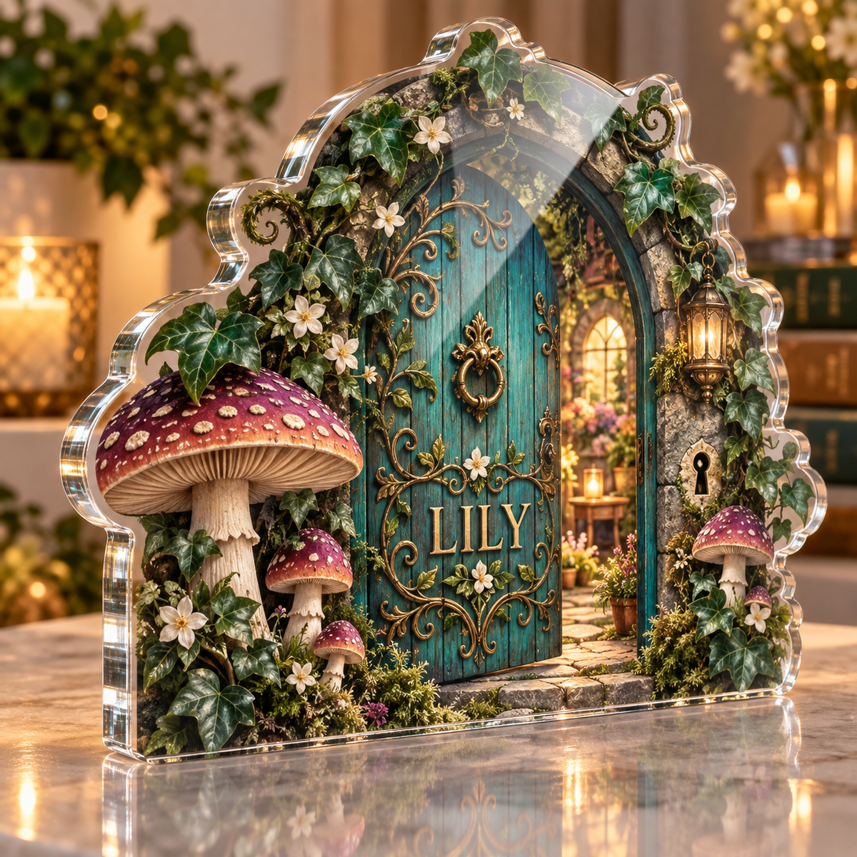 Artwork visualization: Fairy doorway — personalized housewarming, personalized LILY, subject-shaped acrylic with printed optical 3D depth; not carved relief.