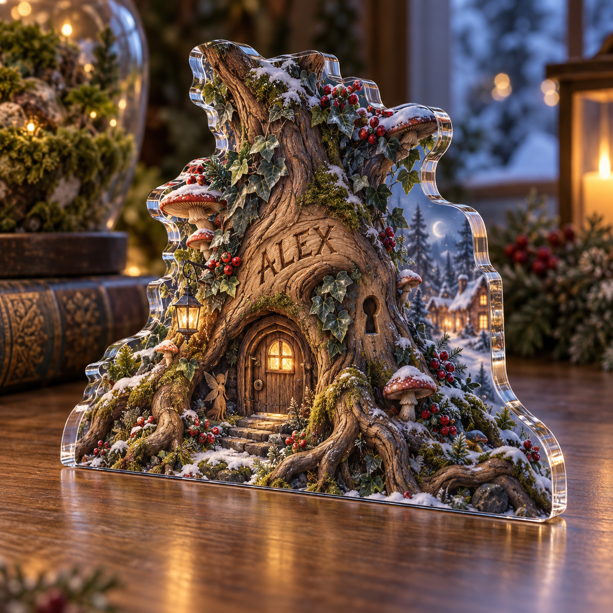 Artwork visualization: Fairy doorway — quiet corner decoration, personalized ALEX, subject-shaped acrylic with printed optical 3D depth; not carved relief.