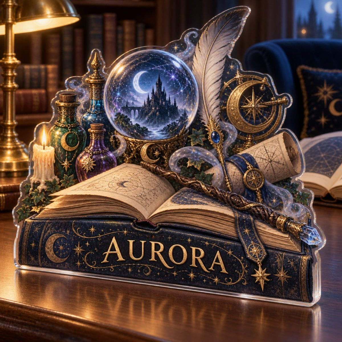 Personalized Wizard Study Objects Reading Nook Decor custom shape acrylic plaque with an example name set into the artwork, digital preview
