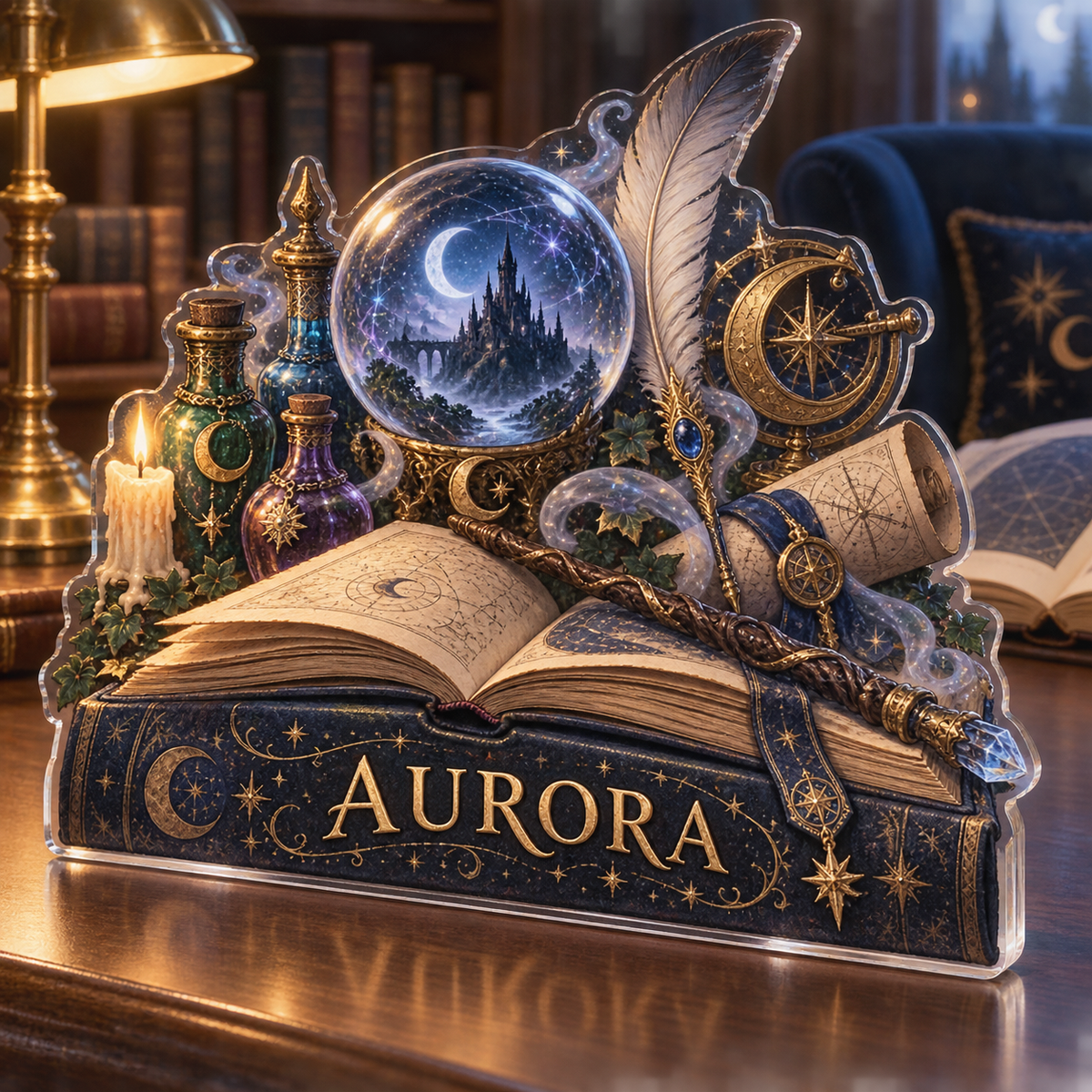 Artwork visualization: Wizard study objects — reading nook decor, personalized AURORA, subject-shaped acrylic with printed optical 3D depth; not carved relief.