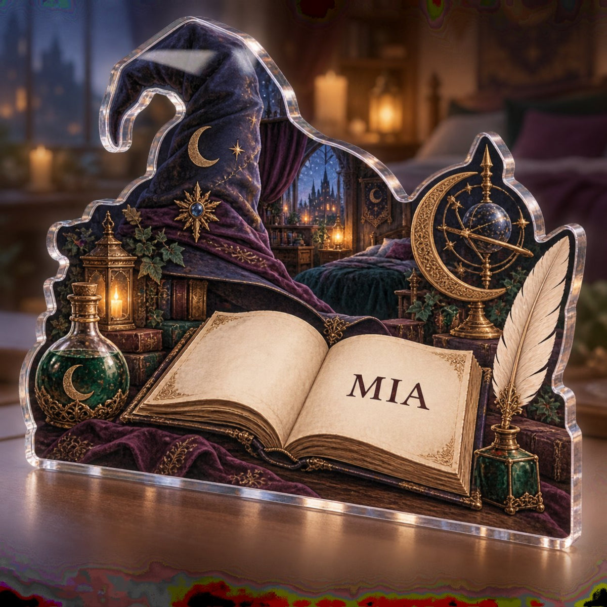 Personalized Wizard Study Objects Bedroom Statement Decor custom shape acrylic plaque with an example name set into the artwork, digital preview