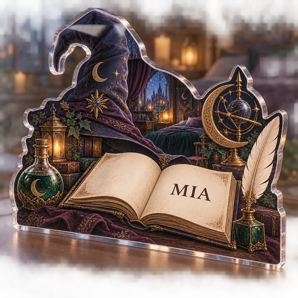 Artwork visualization: Wizard study objects — bedroom statement decor, personalized MIA, subject-shaped acrylic with printed optical 3D depth; not carved relief.