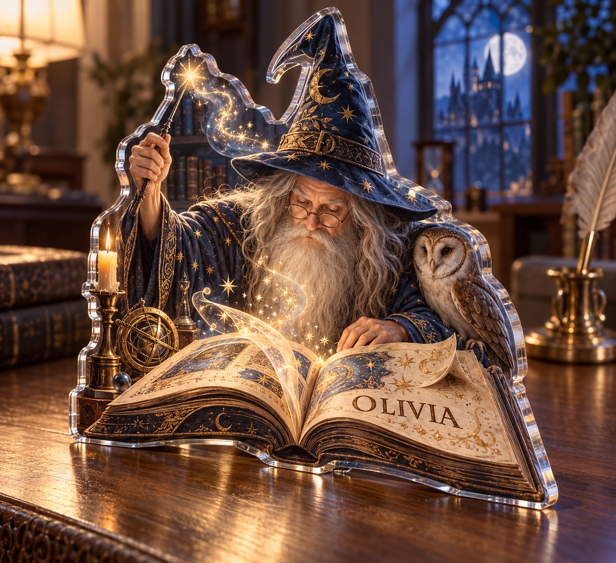 Artwork visualization: Wizard study objects — home office backdrop, personalized OLIVIA, subject-shaped acrylic with printed optical 3D depth; not carved relief.