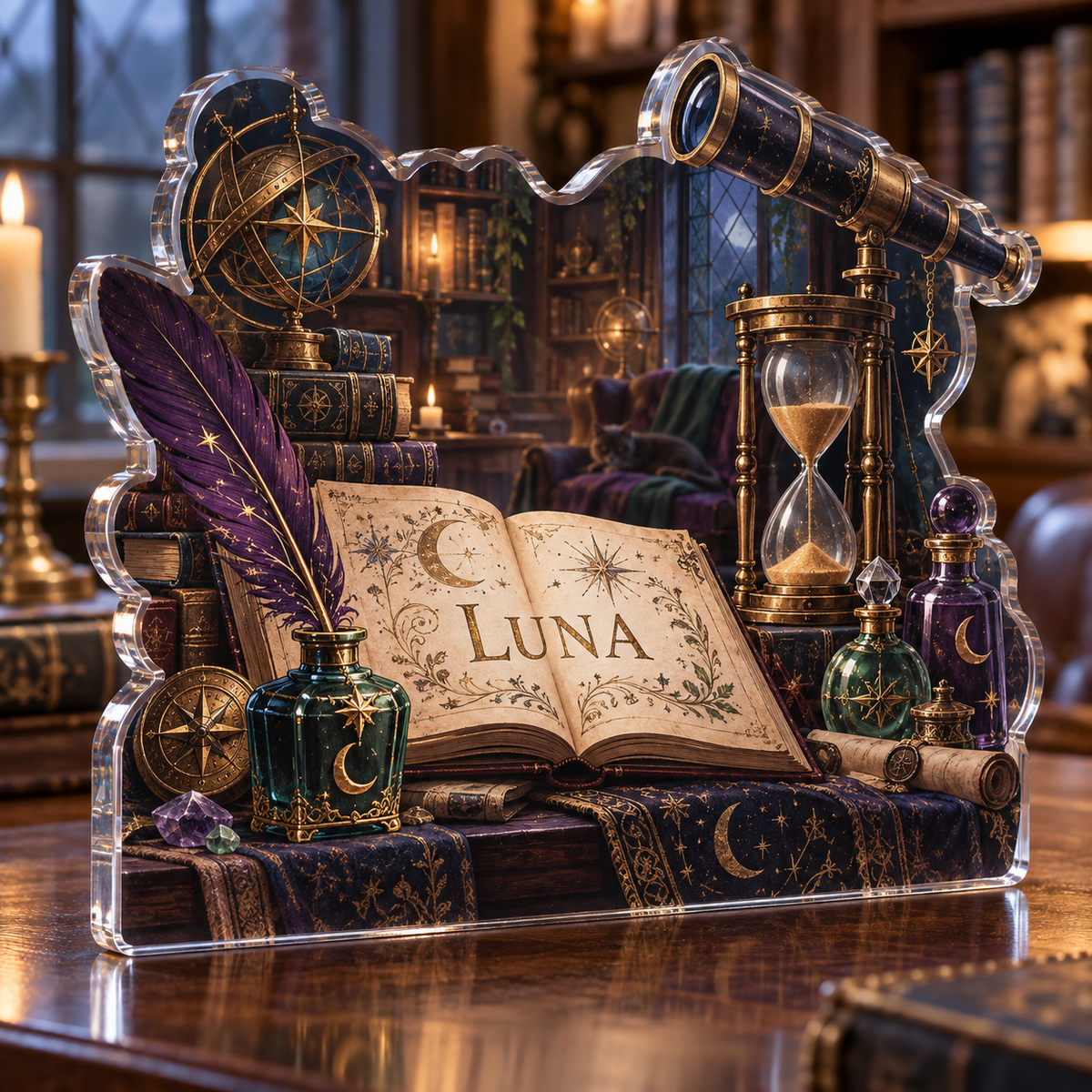 Artwork visualization: Wizard study objects — personalized housewarming, personalized LUNA, subject-shaped acrylic with printed optical 3D depth; not carved relief.