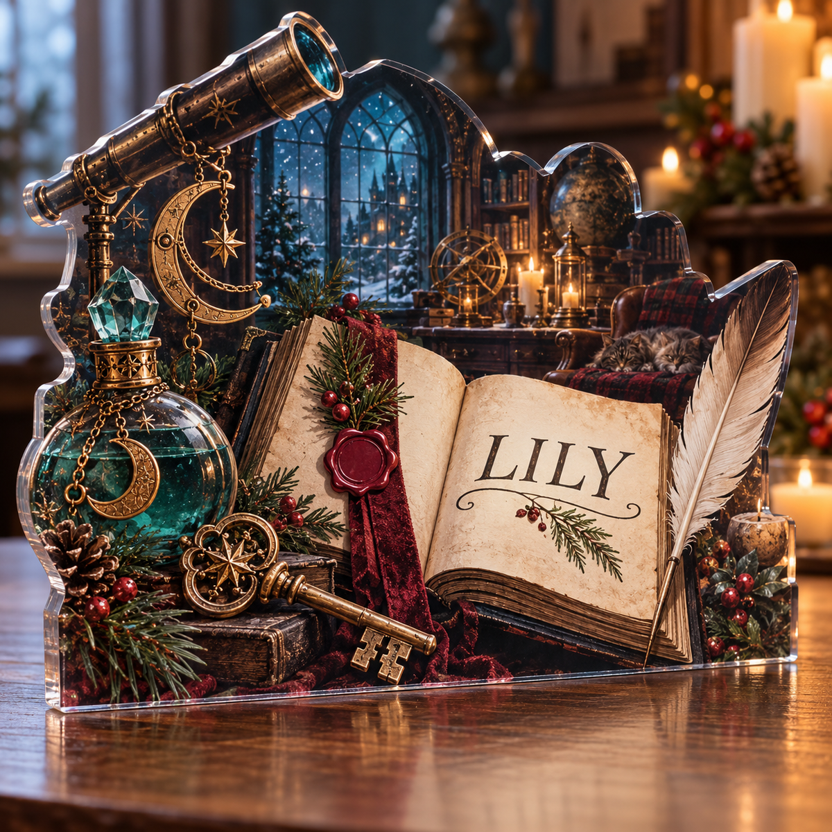 Artwork visualization: Wizard study objects — quiet corner decoration, personalized LILY, subject-shaped acrylic with printed optical 3D depth; not carved relief.