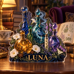 Artwork visualization: Potion bottle still life — reading nook decor, personalized LUNA, subject-shaped acrylic with printed optical 3D depth; not carved relief.