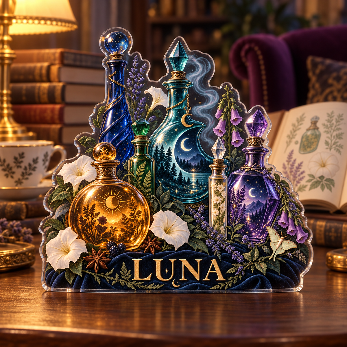Artwork visualization: Potion bottle still life — reading nook decor, personalized LUNA, subject-shaped acrylic with printed optical 3D depth; not carved relief.