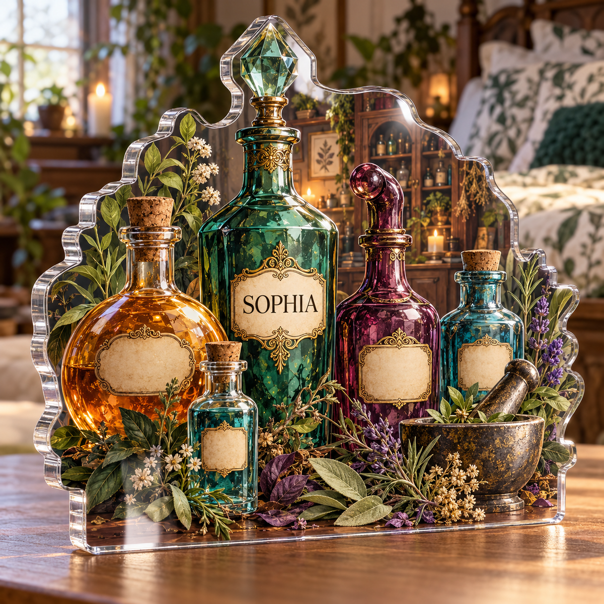 Artwork visualization: Potion bottle still life — bedroom statement decor, personalized SOPHIA, subject-shaped acrylic with printed optical 3D depth; not carved relief.