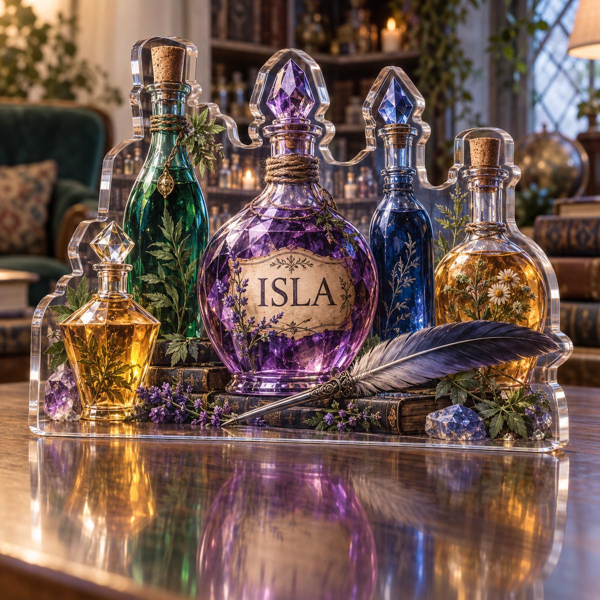 Artwork visualization: Potion bottle still life — personalized housewarming, personalized ISLA, subject-shaped acrylic with printed optical 3D depth; not carved relief.