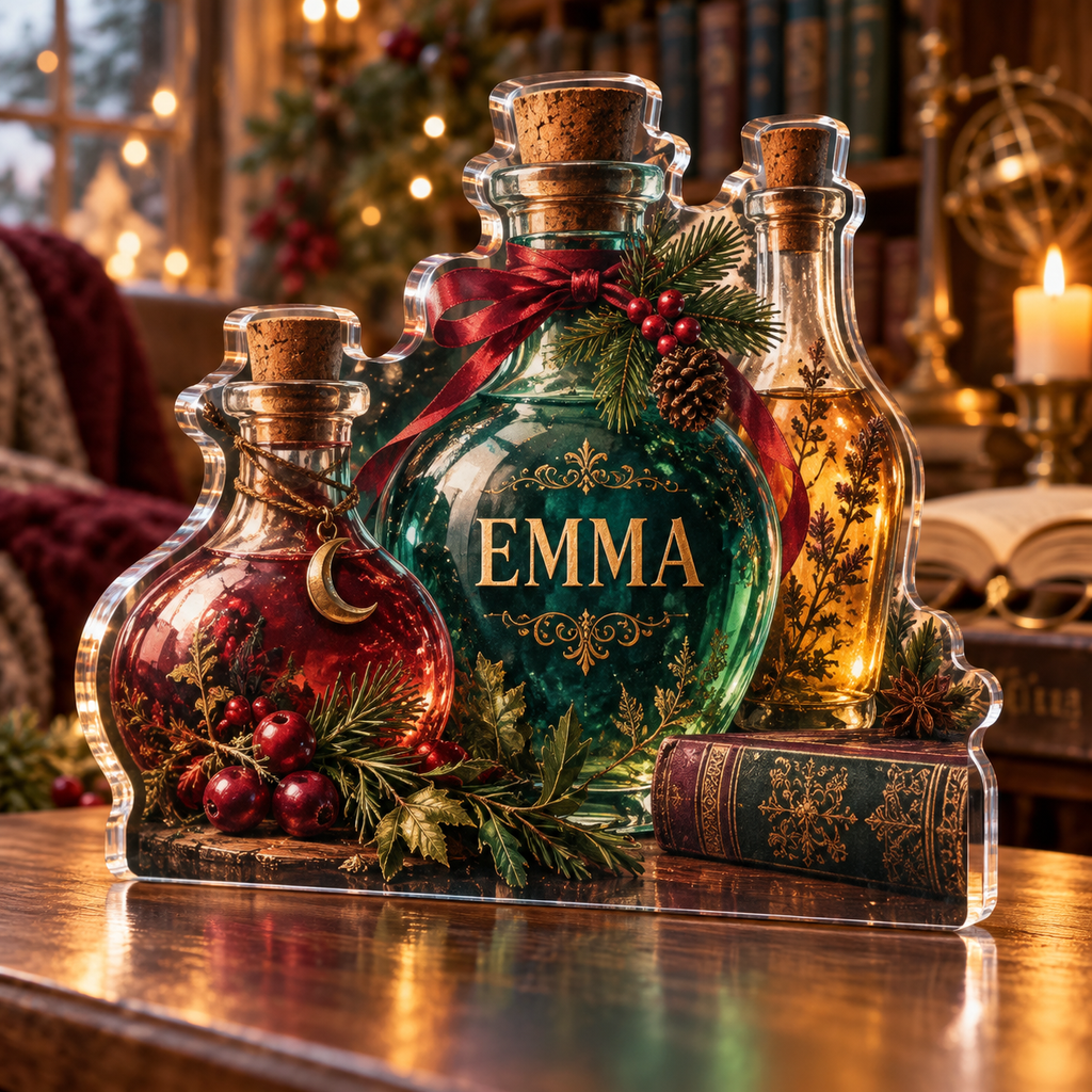 Artwork visualization: Potion bottle still life — quiet corner decoration, personalized EMMA, subject-shaped acrylic with printed optical 3D depth; not carved relief.