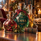 Artwork visualization: Potion bottle still life — quiet corner decoration, personalized EMMA, subject-shaped acrylic with printed optical 3D depth; not carved relief.