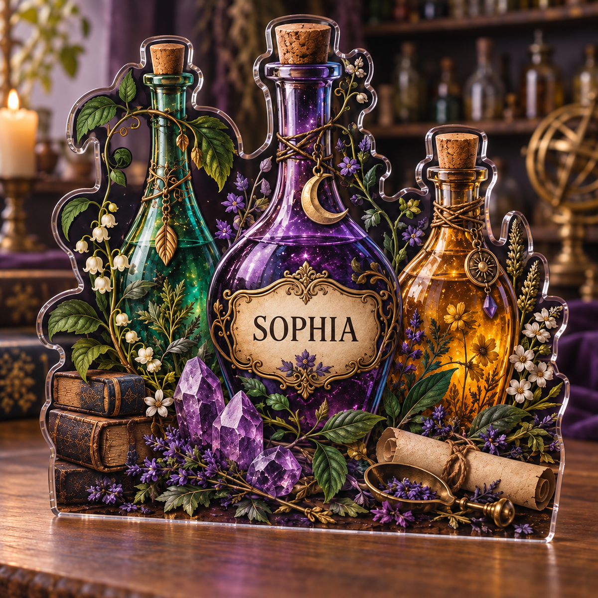 Artwork visualization: Potion bottle still life — collector birthday keepsake, personalized SOPHIA, subject-shaped acrylic with printed optical 3D depth; not carved relief.