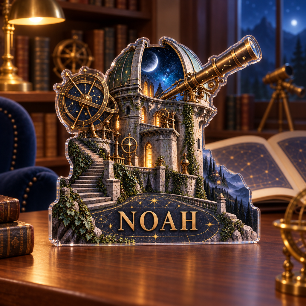 Artwork visualization: Ancient observatory — reading nook decor, personalized NOAH, subject-shaped acrylic with printed optical 3D depth; not carved relief.
