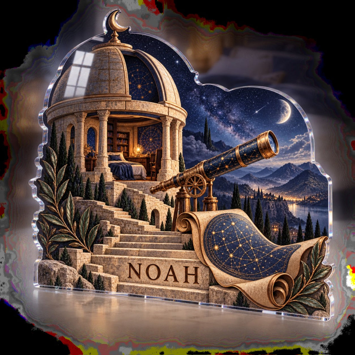 Personalized Ancient Observatory Bedroom Statement Decor custom shape acrylic plaque with an example name set into the artwork, digital preview
